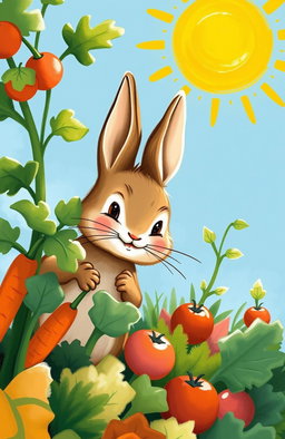 A whimsical illustration of Peter Rabbit, a small, mischievous young rabbit with soft brown fur and large ears, sneaking into the lush garden of Mr