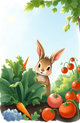 A whimsical illustration of Peter Rabbit, a small, mischievous young rabbit with soft brown fur and large ears, sneaking into the lush garden of Mr