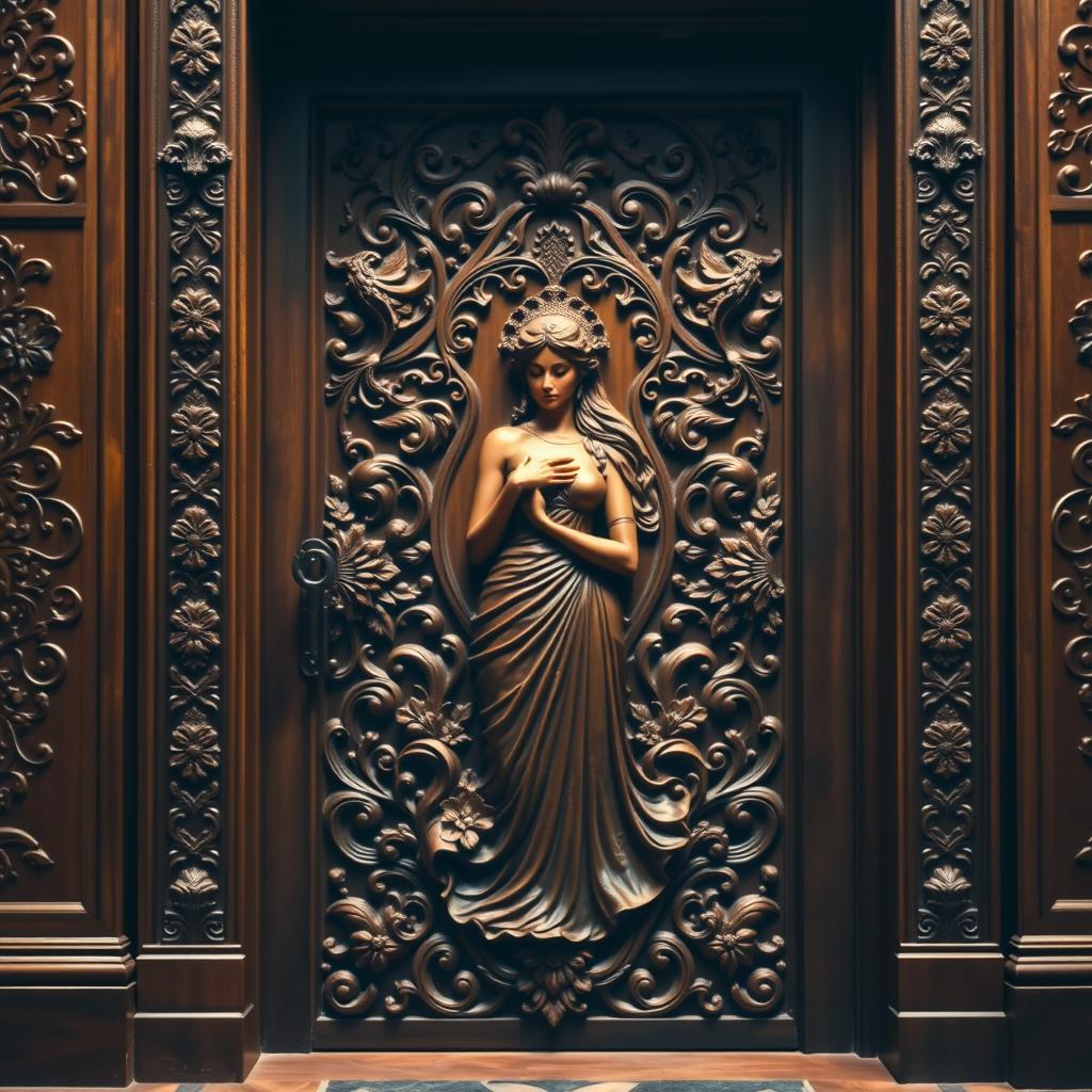A beautifully crafted door with intricate design featuring a woman inspired by ancient Persian art