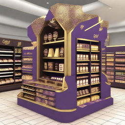 An unconventional, mazy point of sale display unit for chocolate in a supermarket, in an Islamic-Arabic style for Ramadan. The display unit contains shelves, features Islamic geometric shapes, lanterns, and uses a dominant color palette of purple and gold.