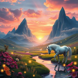 A fantastical landscape featuring a vibrant sunset over a lush green valley filled with exotic flowers and towering crystal-like mountains in the background