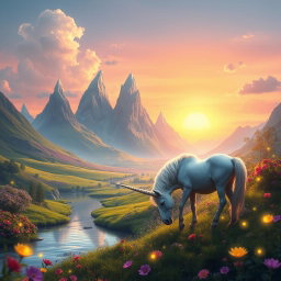 A fantastical landscape featuring a vibrant sunset over a lush green valley filled with exotic flowers and towering crystal-like mountains in the background