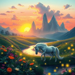 A fantastical landscape featuring a vibrant sunset over a lush green valley filled with exotic flowers and towering crystal-like mountains in the background