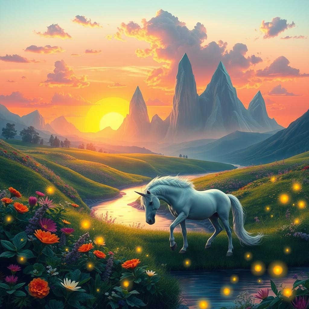 A fantastical landscape featuring a vibrant sunset over a lush green valley filled with exotic flowers and towering crystal-like mountains in the background