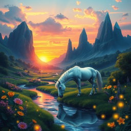 A fantastical landscape featuring a vibrant sunset over a lush green valley filled with exotic flowers and towering crystal-like mountains in the background