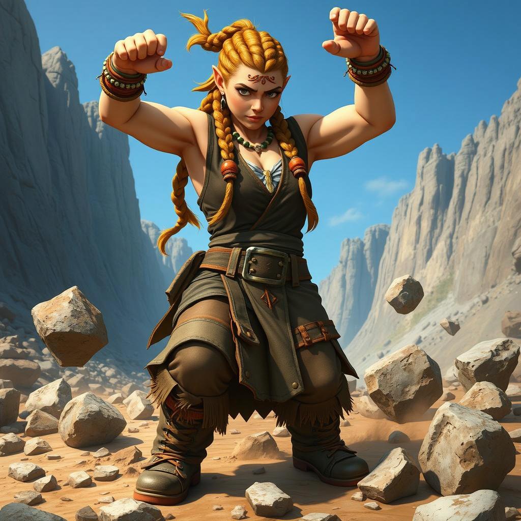 A powerful female warrior standing dramatically in a rugged landscape, with a determined expression