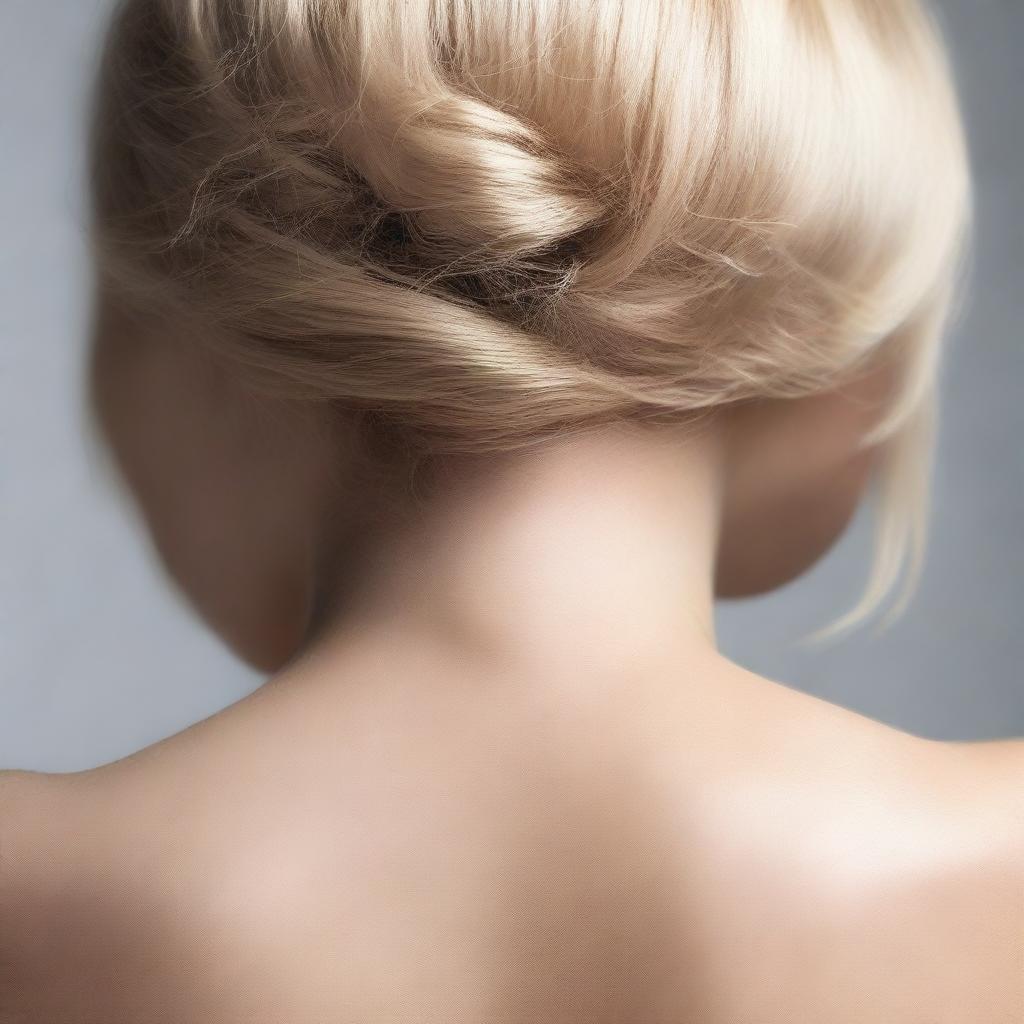 This is a high-quality photograph showcasing a blonde woman viewed from behind