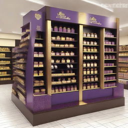 An unconventional, mazy point of sale display unit for chocolate in a supermarket, in an Islamic-Arabic style for Ramadan. The display unit contains shelves, features Islamic geometric shapes, lanterns, and uses a dominant color palette of purple and gold.