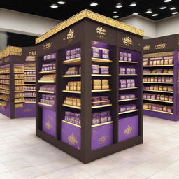 An unconventional, mazy point of sale display unit for chocolate in a supermarket, in an Islamic-Arabic style for Ramadan. The display unit contains shelves, features Islamic geometric shapes, lanterns, and uses a dominant color palette of purple and gold.