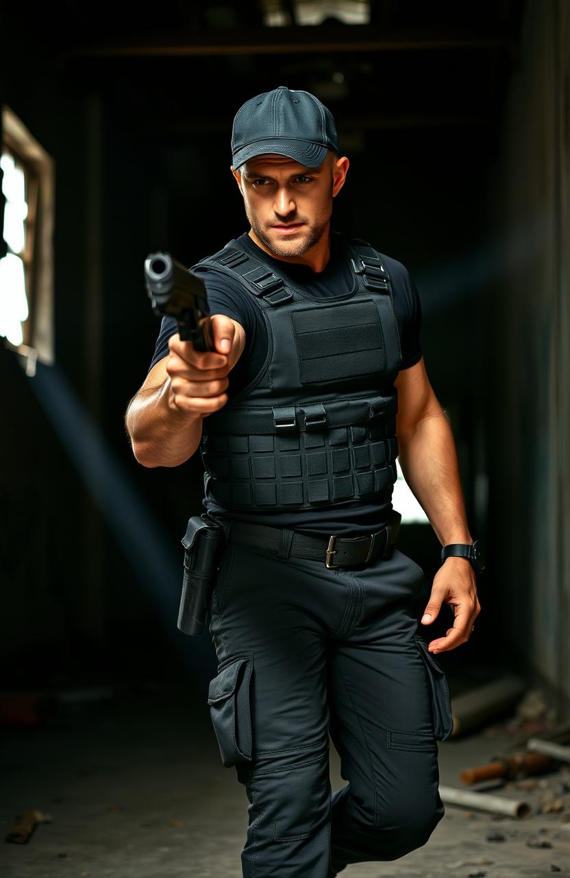 A ruggedly handsome man stealthily maneuvering through a dark, abandoned warehouse, equipped with a silenced pistol in his right hand