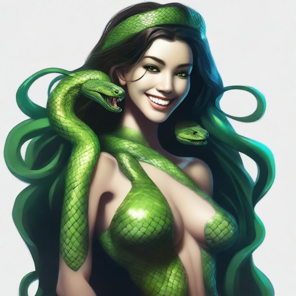 A high-quality digital art featuring a 20-year-old humanoid snake woman with green skin