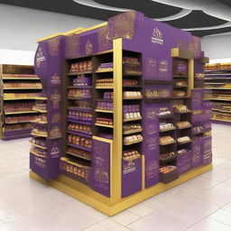 An unconventional, mazy point of sale display unit for chocolate in a supermarket, in an Islamic-Arabic style for Ramadan. The display unit contains shelves, features Islamic geometric shapes, lanterns, and uses a dominant color palette of purple and gold.