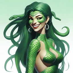 A high-quality digital art featuring a 20-year-old humanoid snake woman with green skin