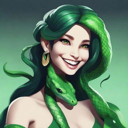 A high-quality digital art featuring a 20-year-old humanoid snake woman with green skin