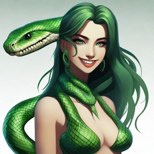 A high-quality digital art featuring a 20-year-old humanoid snake woman with green skin