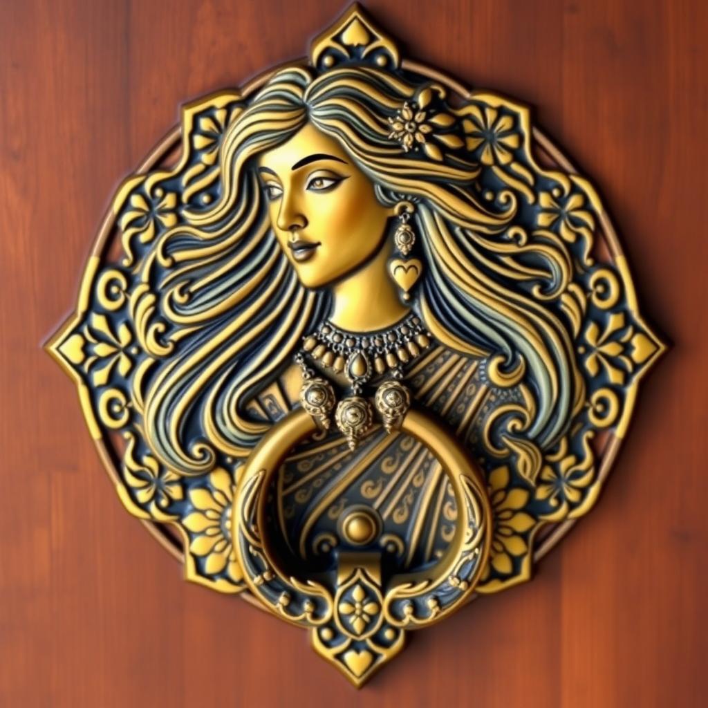 A beautifully detailed door knocker featuring the intricate design of a Persian woman inspired by the style of ancient Persia, reminiscent of the Achaemenid Empire