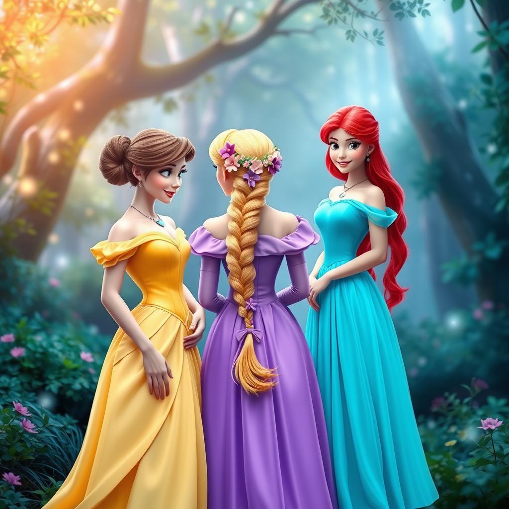 Three princesses standing together in a vibrant and magical setting