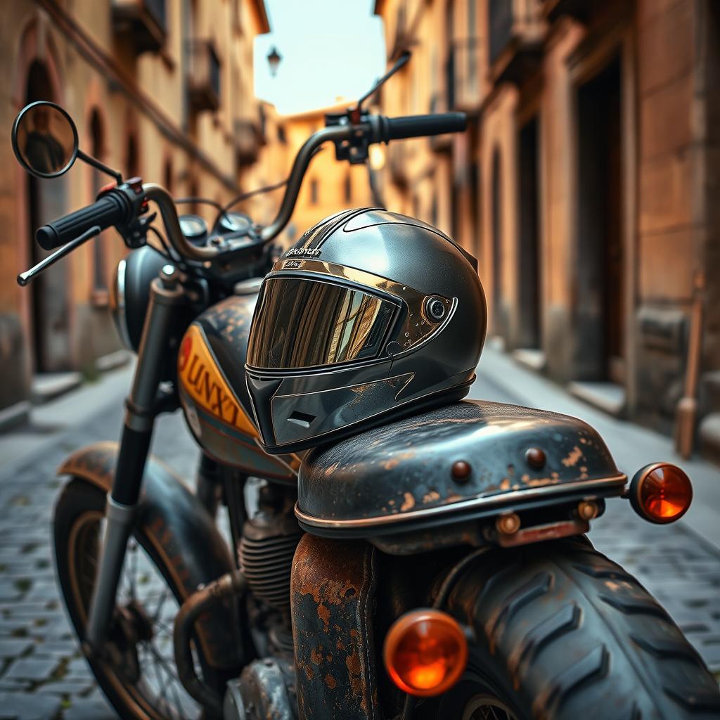 An aged, vintage motorcycle with a rustic appearance, showing signs of wear and tear such as rusty metal components and faded paint
