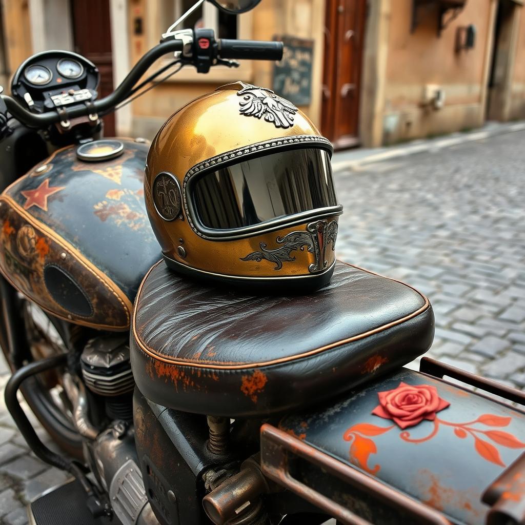 An antique vintage motorcycle, showing signs of age, with rust and wear that emphasizes its historical character