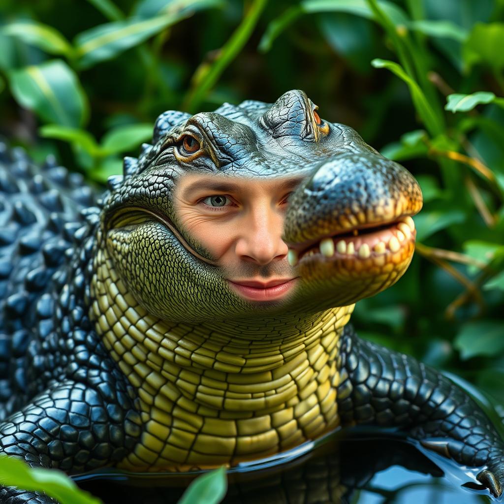 An alligator with a detailed human face seamlessly blended into its scaled features