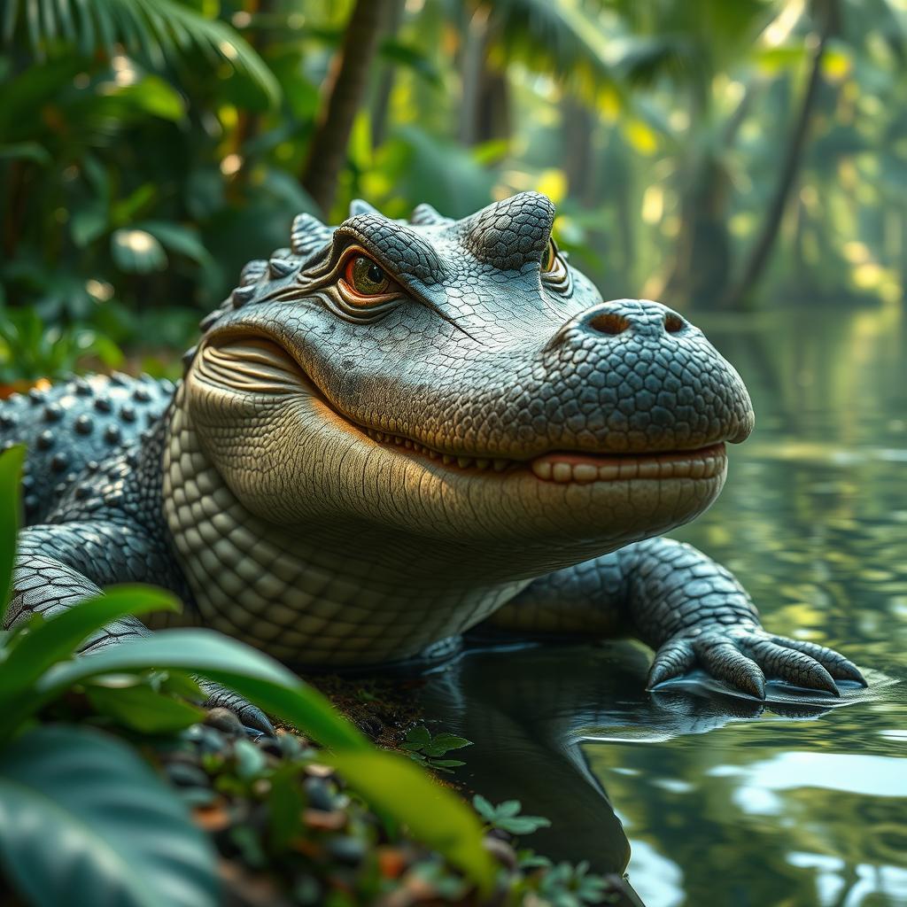 A realistic alligator with a human face, the face has striking features, deep-set eyes, and a playful expression