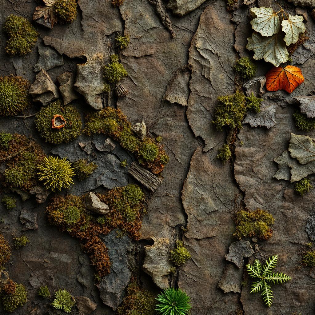 A highly detailed texture inspired by organic materials with deep, rich colors, featuring intricate patterns reminiscent of tree bark and moss