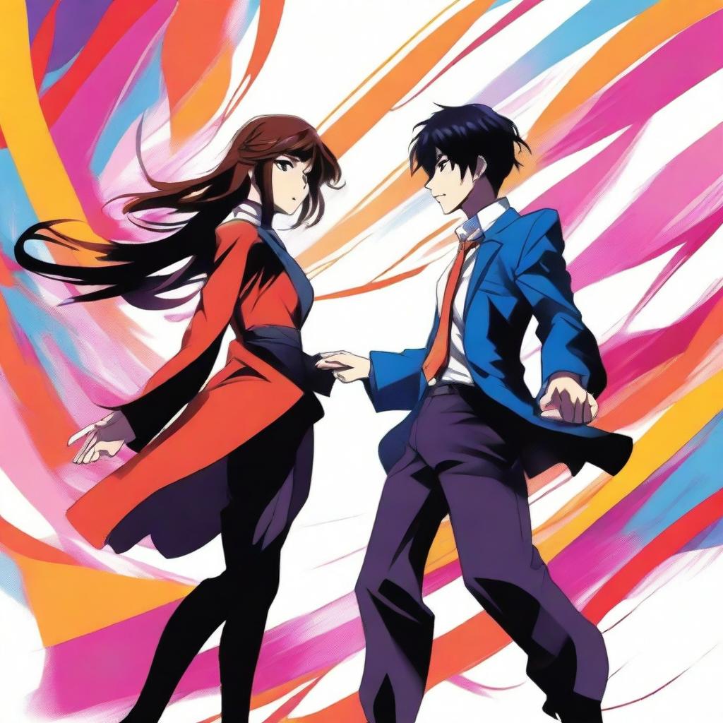 An anime-inspired digital artwork for a book cover, featuring the dynamic silhouettes of the main characters, Misaki and Kazuki