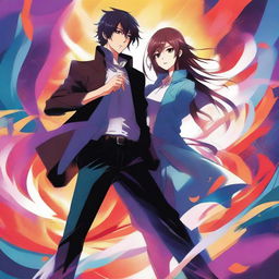 An anime-inspired digital artwork for a book cover, featuring the dynamic silhouettes of the main characters, Misaki and Kazuki