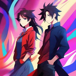 An anime-inspired digital artwork for a book cover, featuring the dynamic silhouettes of the main characters, Misaki and Kazuki