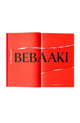 A book cover design featuring a striking red front and back with a bold white middle section
