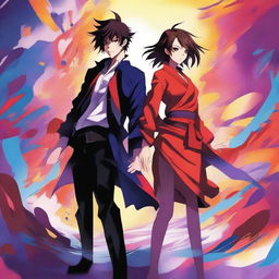 An anime-inspired digital artwork for a book cover, featuring the dynamic silhouettes of the main characters, Misaki and Kazuki