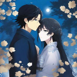 A high-quality book cover art featuring the silhouettes of Misaki and Kazuki against a backdrop of deep midnight blue, streaked with shimmering silver and gold