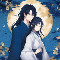 A high-quality book cover art featuring the silhouettes of Misaki and Kazuki against a backdrop of deep midnight blue, streaked with shimmering silver and gold