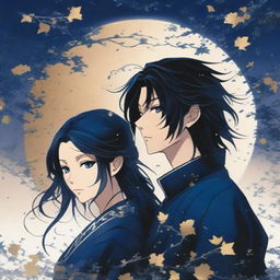 A high-quality book cover art featuring the silhouettes of Misaki and Kazuki against a backdrop of deep midnight blue, streaked with shimmering silver and gold