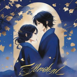 A high-quality book cover art featuring the silhouettes of Misaki and Kazuki against a backdrop of deep midnight blue, streaked with shimmering silver and gold