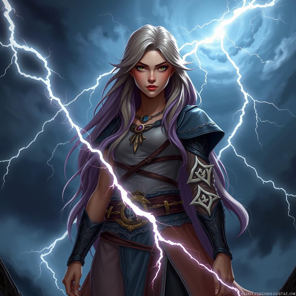 A female half-elf sorcerer standing confidently with a thunderstorm brewing in the background