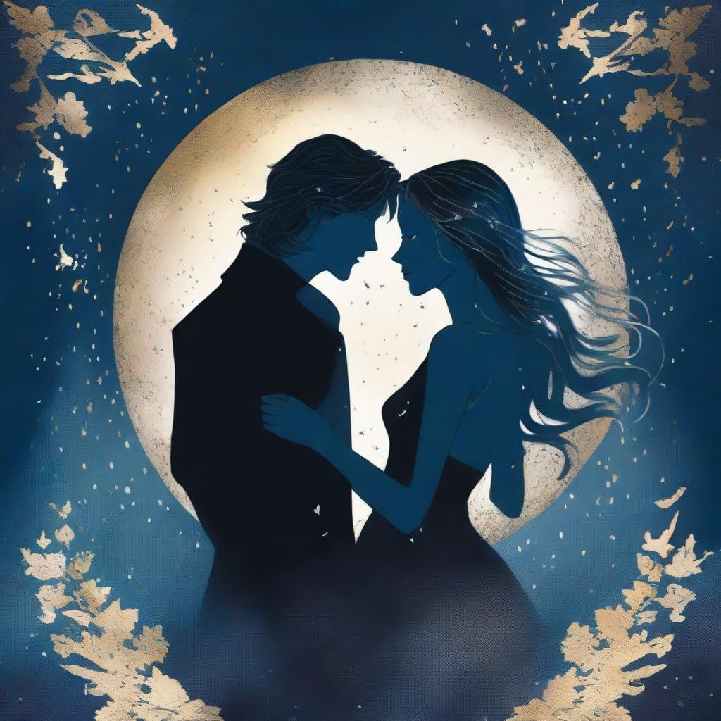 A high-quality book cover art featuring the silhouettes of two characters against a backdrop of deep midnight blue, streaked with shimmering silver and gold