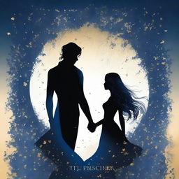 A high-quality book cover art featuring the silhouettes of two characters against a backdrop of deep midnight blue, streaked with shimmering silver and gold