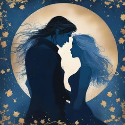 A high-quality book cover art featuring the silhouettes of two characters against a backdrop of deep midnight blue, streaked with shimmering silver and gold