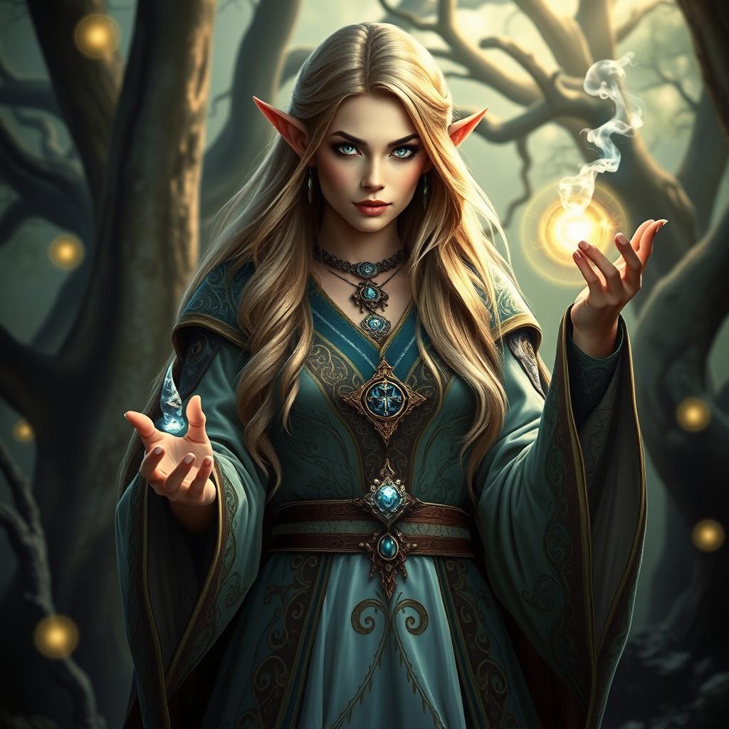 A female half-elf sorcerer standing in a mystical forest, her elegant features enhanced by long, flowing hair that catches the light