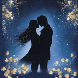 A high-quality book cover art featuring the silhouettes of two characters against a backdrop of deep midnight blue, streaked with shimmering silver and gold