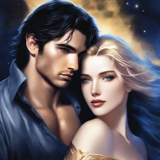 A high-quality book cover art that depicts a romantic narrative between two incredibly attractive characters