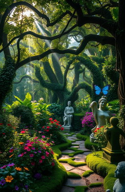 A mystical garden known as the 'Jardim dos Esquecidos', filled with lush, overgrown flora and enchanting vines
