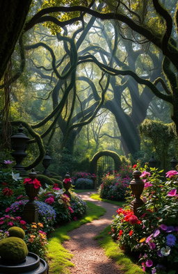 A mystical garden known as the 'Jardim dos Esquecidos', filled with lush, overgrown flora and enchanting vines