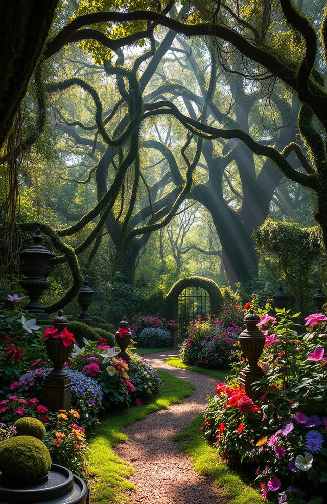 A mystical garden known as the 'Jardim dos Esquecidos', filled with lush, overgrown flora and enchanting vines