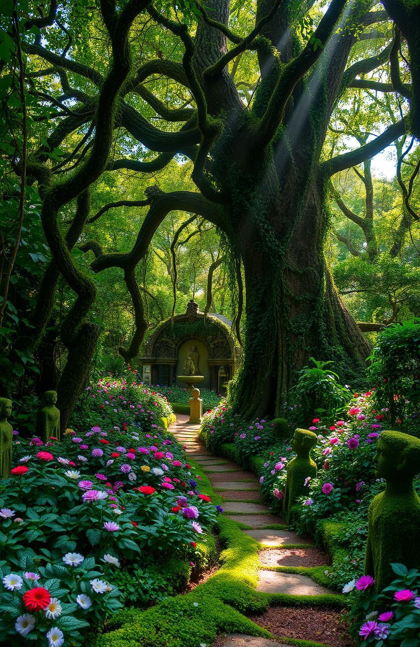 A mystical garden known as the 'Jardim dos Esquecidos', filled with lush, overgrown flora and enchanting vines