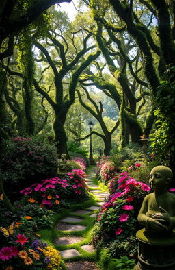 A mystical garden known as the 'Jardim dos Esquecidos', filled with lush, overgrown flora and enchanting vines