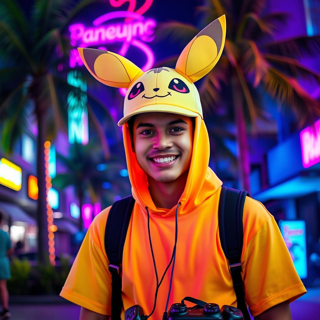 A 22-year-old male gamer wearing a Mimikyu cap, dressed in vibrant neon clothing, standing in a lively urban setting in Panama