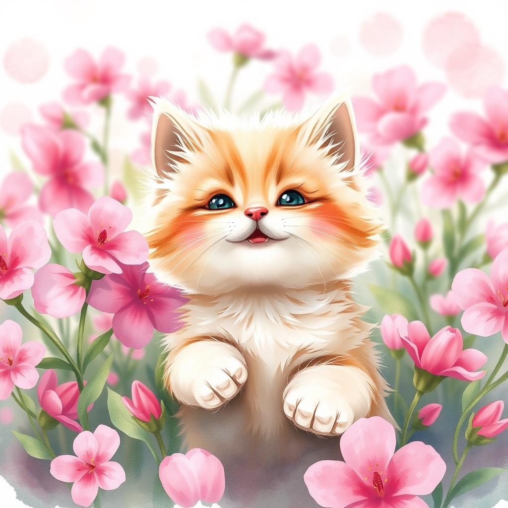 A charming illustration of a playful cat among vibrant pink flowers, with a soft and dreamy watercolor effect