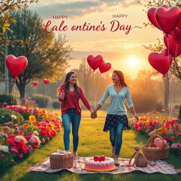 A romantic scene depicting a couple celebrating Valentine’s Day, holding hands while walking through a charming park filled with colorful flowers and heart-shaped balloons